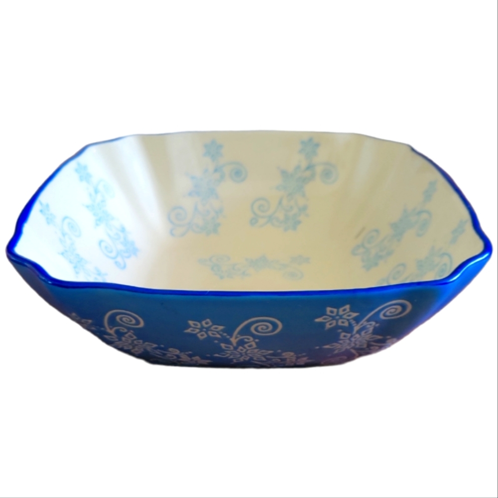 1 Vtg Temp-tations Presentable Floral Lace Ovenware Blue Sq Cereal Soup Bowl QVC